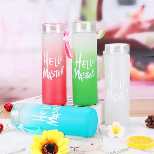 Frosted Glass Water Bottle With Hello Master Decal Logo – 400ml (random Color